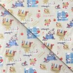 Tissu coton imprimé Bio Certifié GOTS Campagne - Bleu, fond beige