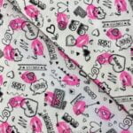 Tissu coton imprimé Bio Certifié GOTS Love - Rose, noir, fond blanc