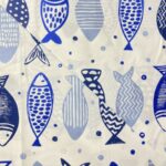 Tissu coton imprimé grande largeur 280 cm - Poisson, bleu, fond blanc