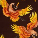 Toile de coton Les Grues édition Thevenon Paris Jaune, fond chocolat - OEKO-TEX