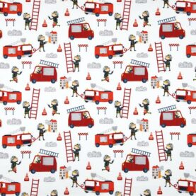 Tissu coton imprimé "Sam le pompier" - Rouge, fond blanc