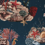 Toile de coton Coco coraux édition Thevenon Paris Fond Bleu canard - OEKO-TEX