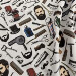 Tissu coton imprimé Barber shop - Multicolore, fond blanc