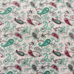 Tissu coton indien lamé - Rani, céladon, rouge, fond blanc