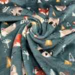 Tissu Doudou imprimé - Animaux de la Forêt, fond bleu canard