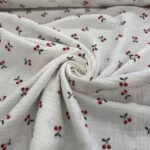 Tissu double gaze imprimée - Cerise, fond blanc