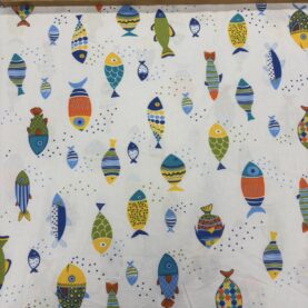 Tissu coton imprimé grande largeur 280 cm - Poissons, multicolore fond blanc