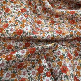 Tissu popeline coton imprimé fleurs - Orange, Rose , Fond Blanc
