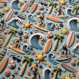 Tissu coton 3D imprimé Surf - Multicolore, fond bleu
