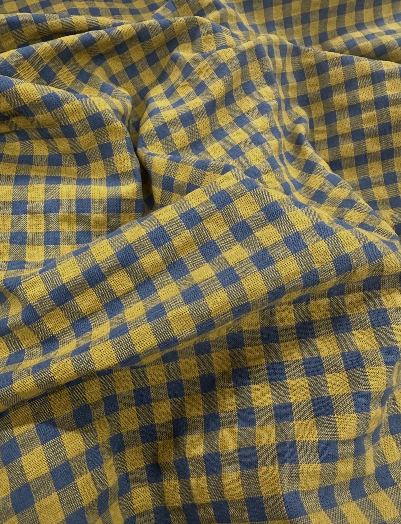 Tissu Seersucker Vichy coton - Bleu, moutarde