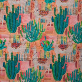 Tissu voile de coton imprimé Cactus et Lamas - Multicolore, rose