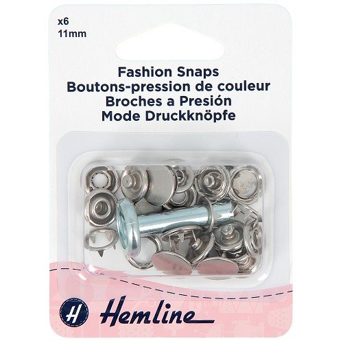 Boutons-pression fantaisie à tête pleine 11 mm argentés avec outil de pose - lot de 6 Boutons-pression fantaisie à tête pleine 11 mm argentés avec outil de pose - lot de 6