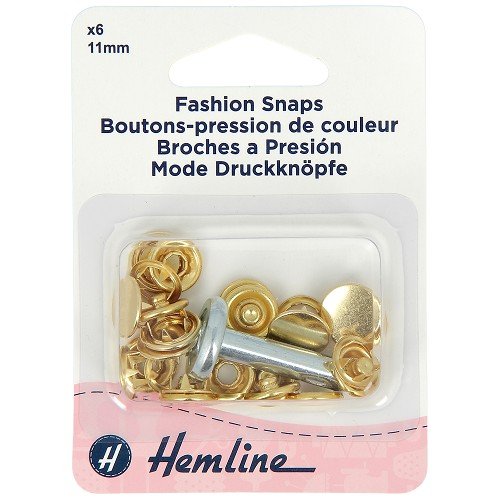 Boutons-pression fantaisie à tête pleine 11 mm dorés avec outil de pose - lot de 6 Boutons-pression fantaisie à tête pleine 11 mm dorés avec outil de pose - lot de 6