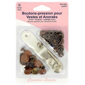 Boutons-pression pour veste 15 mm bronze avec outil de pose - lot de 10