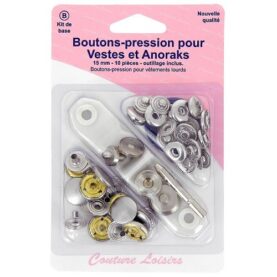 Boutons-pression pour veste 15 mm nickelés avec outil de pose - lot de 10