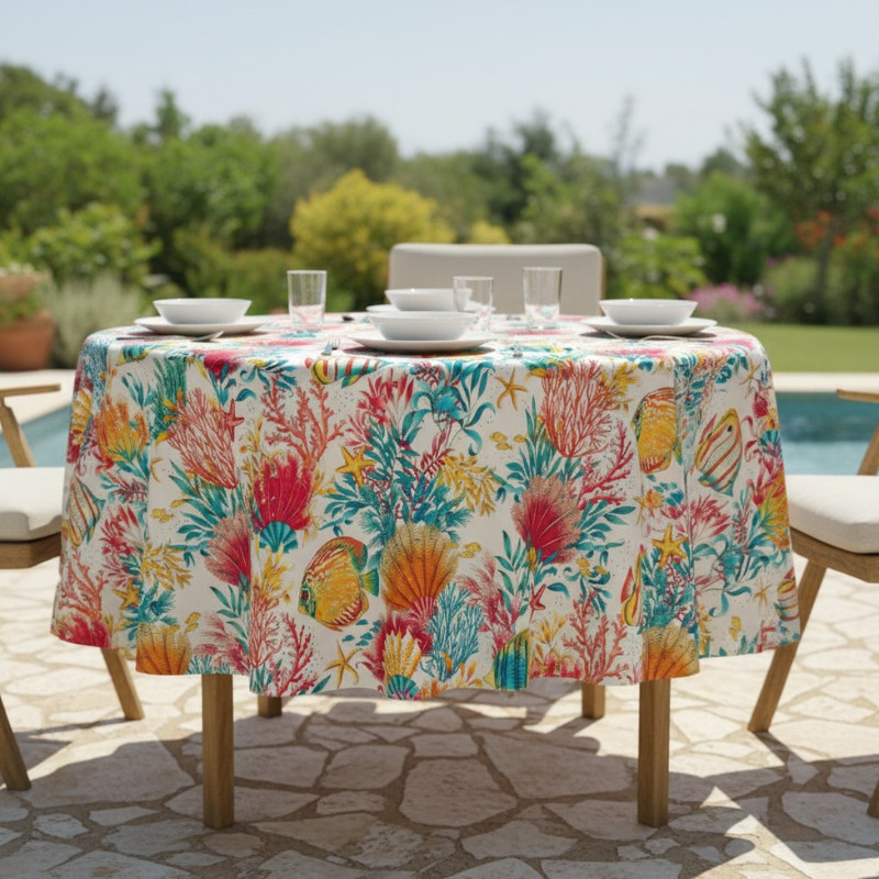 Nappe en coton enduit imprimé fonds marins sur une table de terrasse