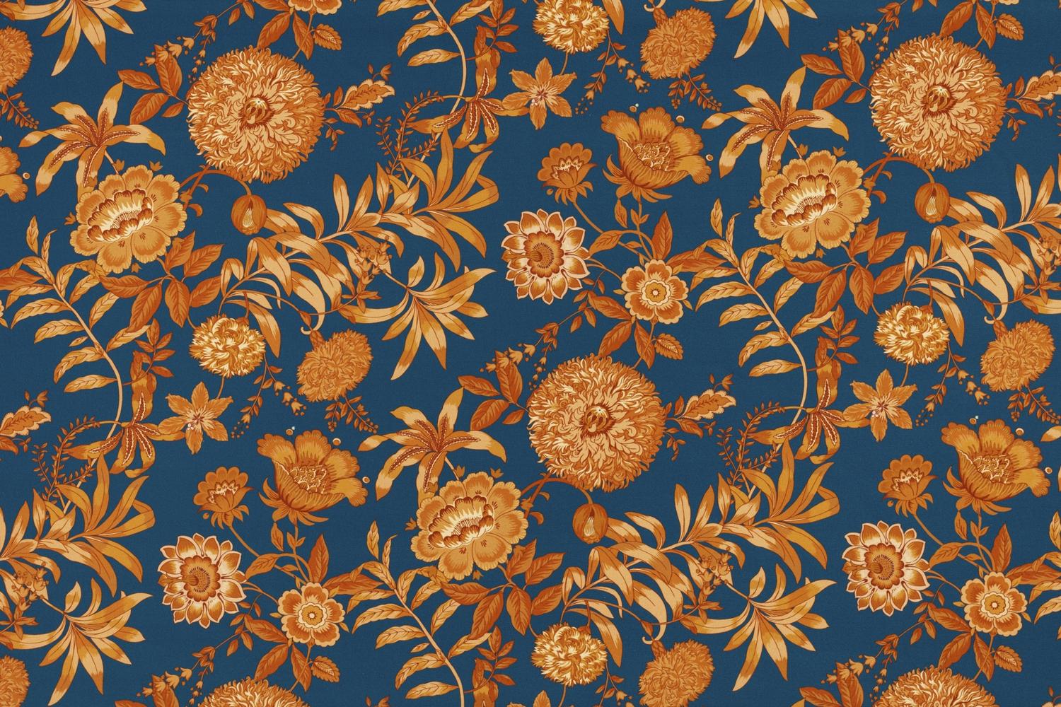 Toile de coton Jacobine édition Thevenon Paris - Caramel fond bleu Toile de coton Jacobine édition Thevenon Paris - Caramel fond bleu