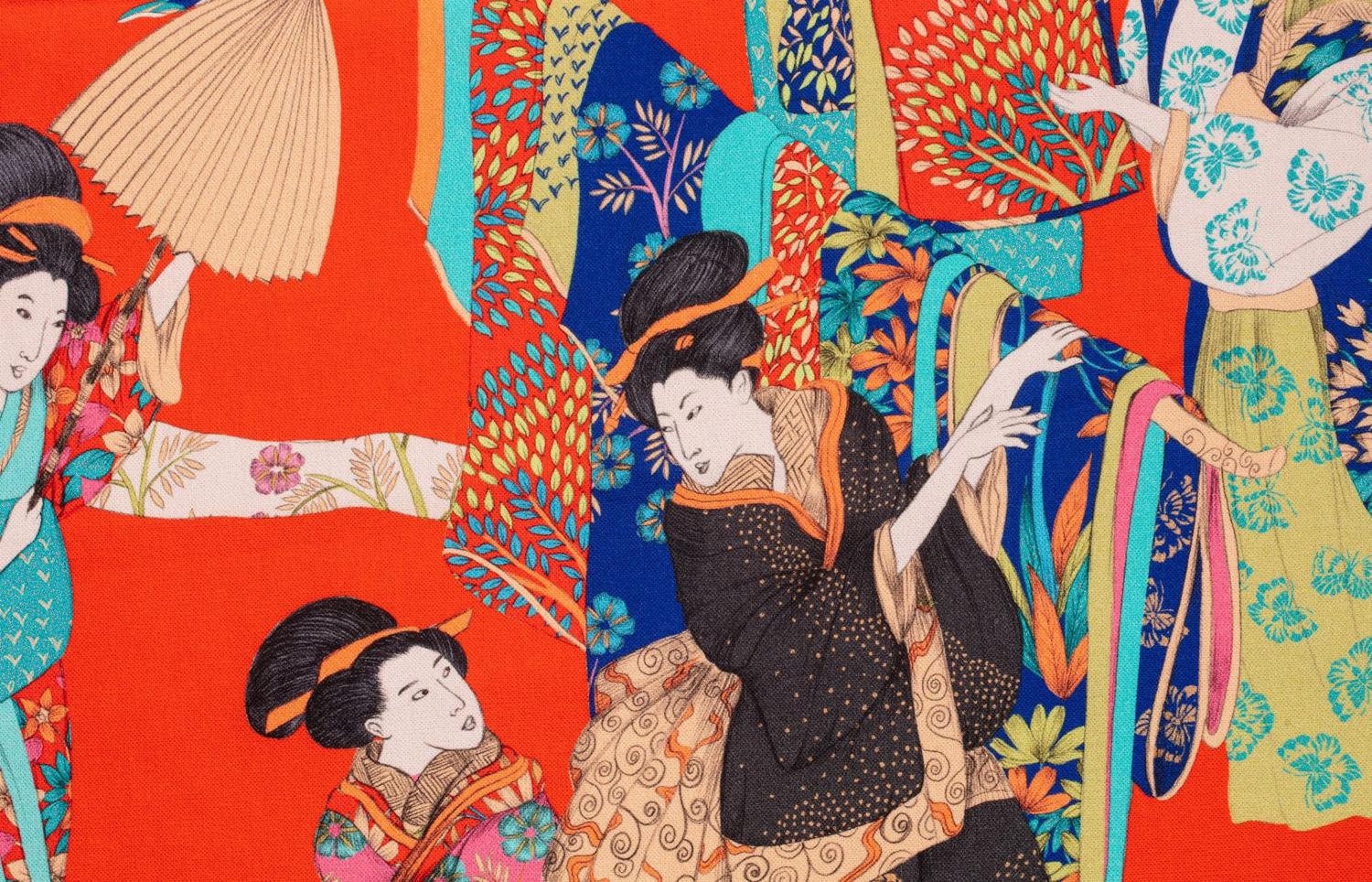 Toile de coton Kimono édition Thevenon Paris - Fond rouge Toile de coton Kimono édition Thevenon Paris - Fond rouge