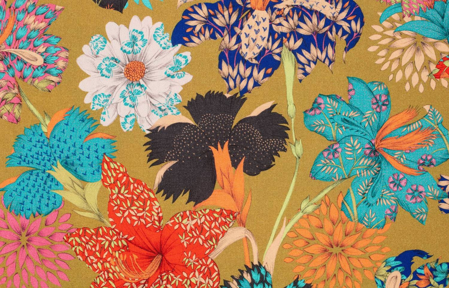 Toile de coton Kimono Flowers édition Thevenon Paris - Fond or Toile de coton Kimono Flowers édition Thevenon Paris - Fond or
