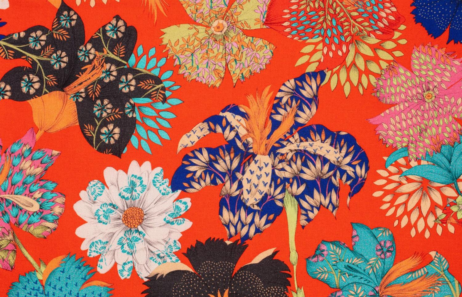 Toile de coton Kimono Flowers édition Thevenon Paris - Fond rouge Toile de coton Kimono Flowers édition Thevenon Paris - Fond rouge