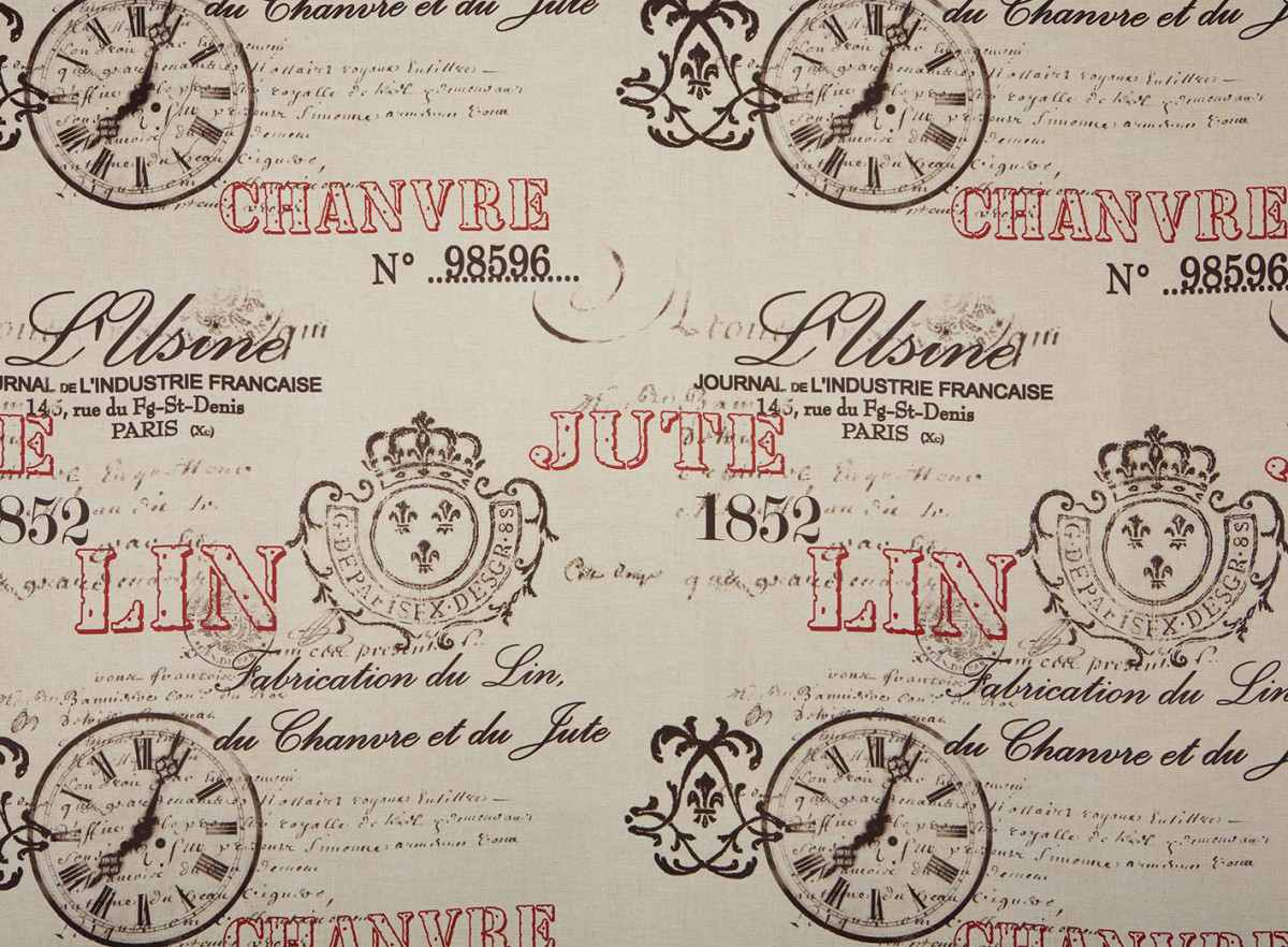 Tissu obscurcissant L'Usine - Beige, écritures rouges et noires Tissu obscurcissant L'Usine - Beige, écritures rouges et noires