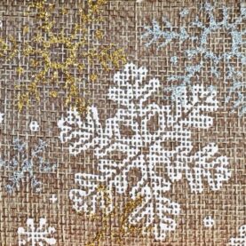 Toile aspect jute de Noël pailletée - Flocons blancs et or